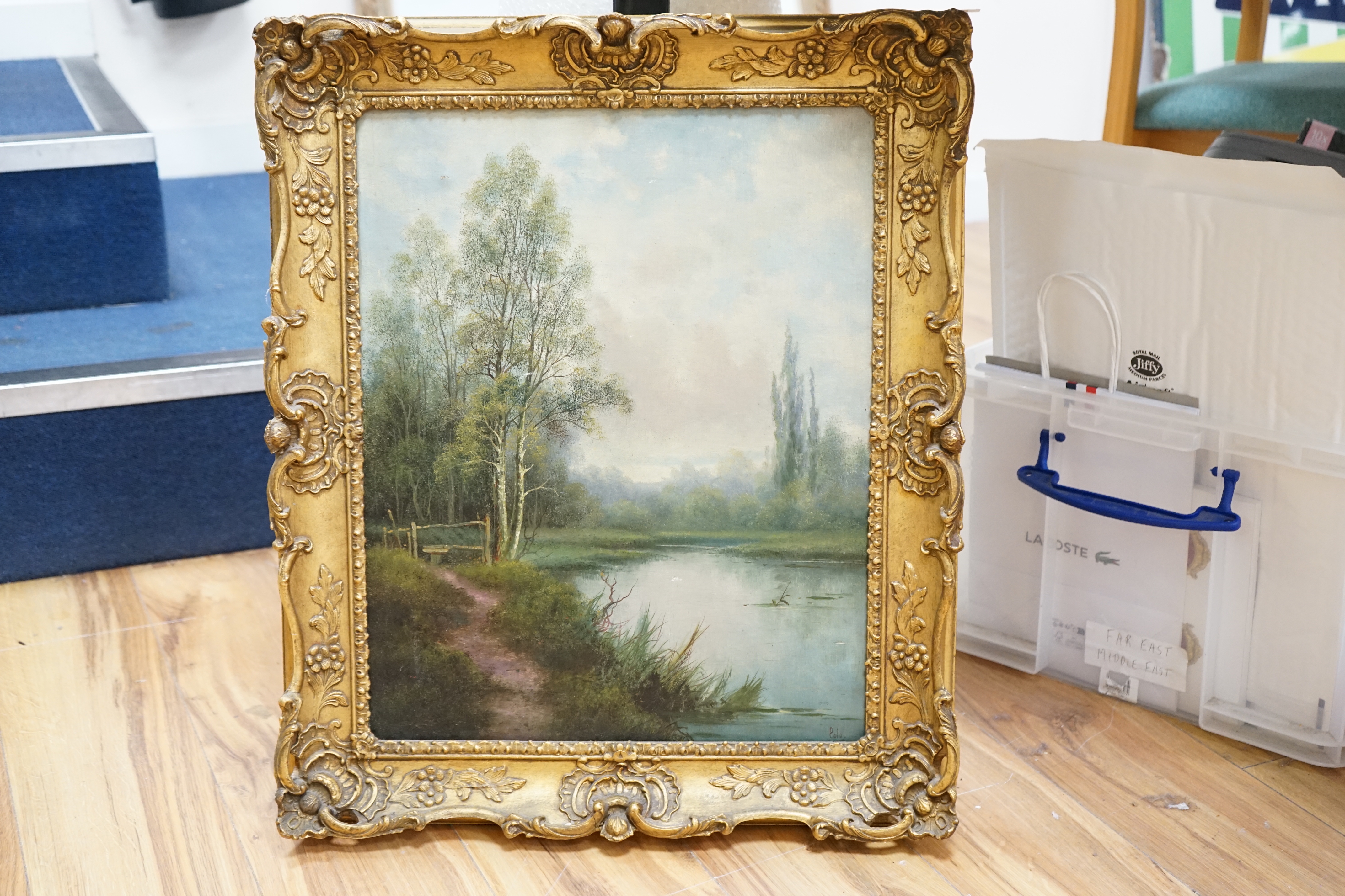 Cole, oil on canvas, Riverscape, signed, ornate gilt frame, 49 x 39cm